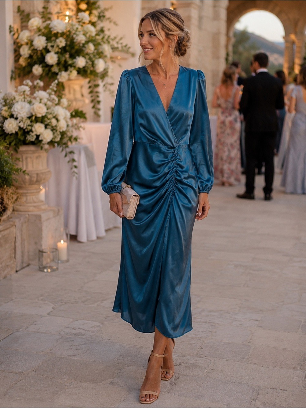 AX Paris Teal Ruched Satin Maxi Dress | Size 14 | NWT